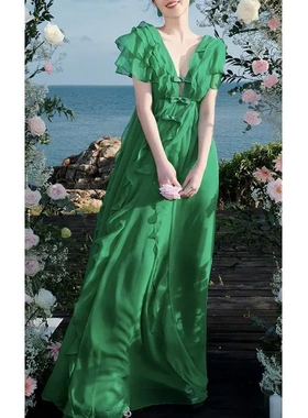 阚清子明星同款绿色连衣裙女夏季订婚轻礼服气质女神范高端长裙子