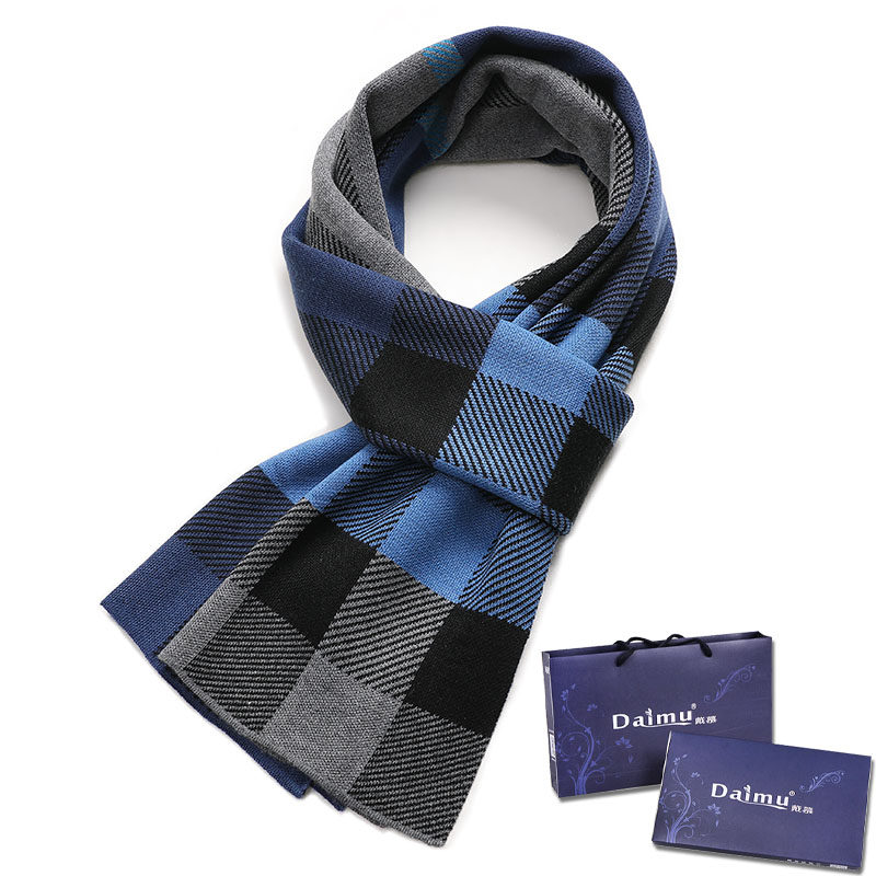 冬季新款男士围巾韩版学生英伦格子针织加厚保暖蓝色围脖男礼盒装