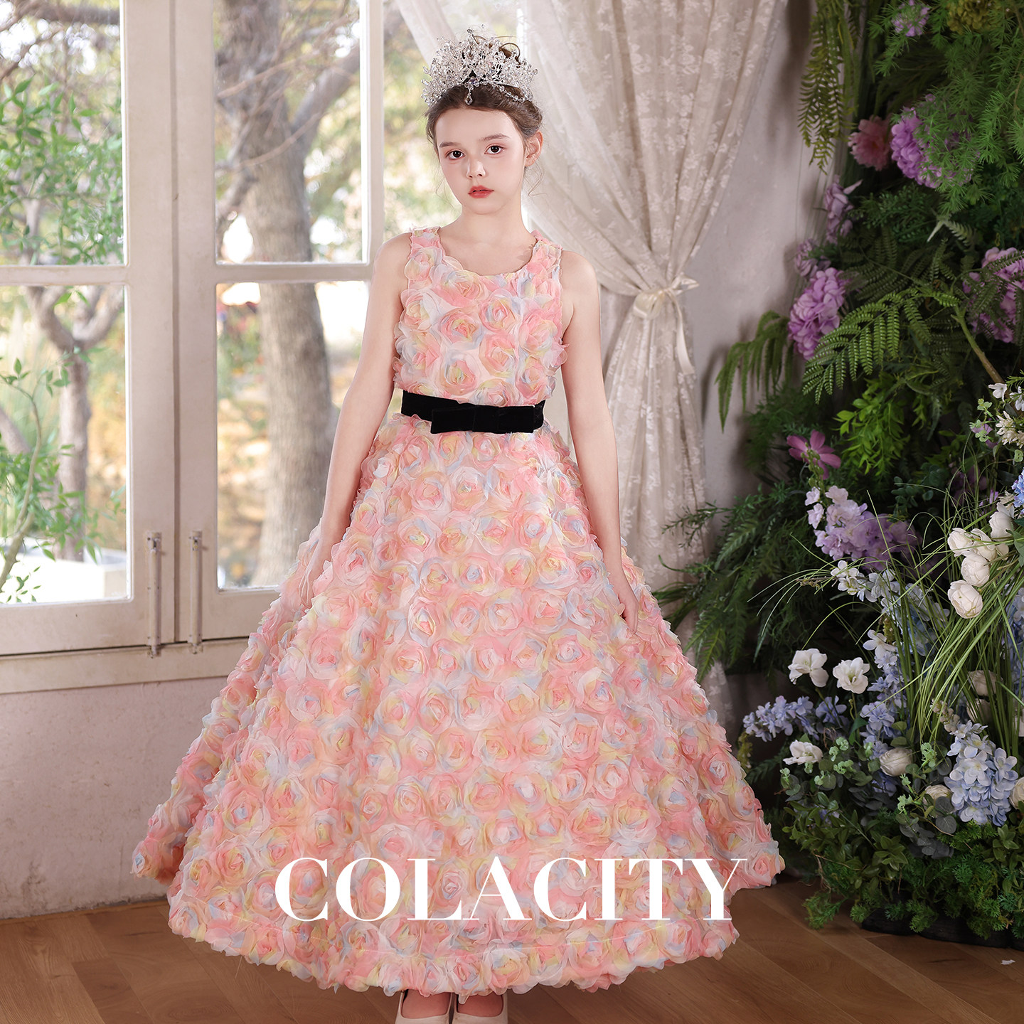 儿童礼服轻奢小众粉花朵礼服裙女童公主生日主持钢琴宴会表演服装