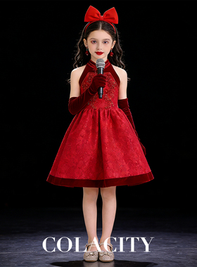 红色重工钉珠刺绣儿童礼服女童国潮演出服钢琴小主持华丽风公主裙