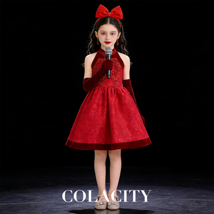 红色重工钉珠刺绣儿童礼服女童国潮演出服钢琴小主持华丽风公主裙