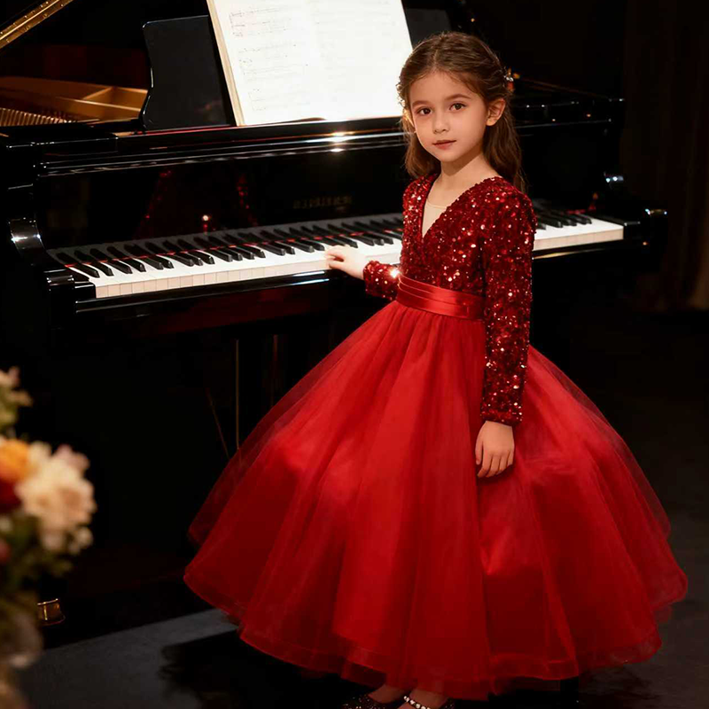 女童长袖礼服红色亮片轻奢洋服