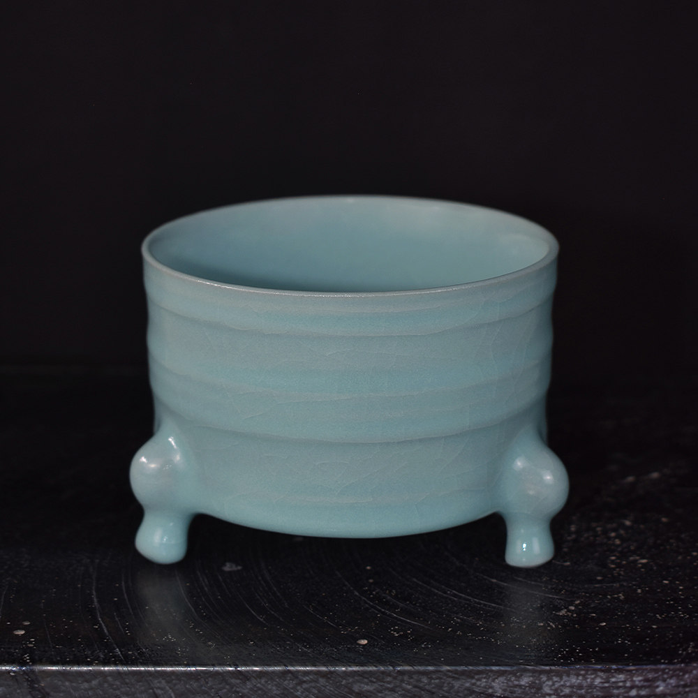 汝州汝窑手工汝瓷仿古小香炉三足玄纹炉香道摆件篆香熏炉家用收藏