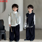 国风套装 男童汉服夏季 马甲复古帅气中式 儿童唐装 休闲演出 2025新款