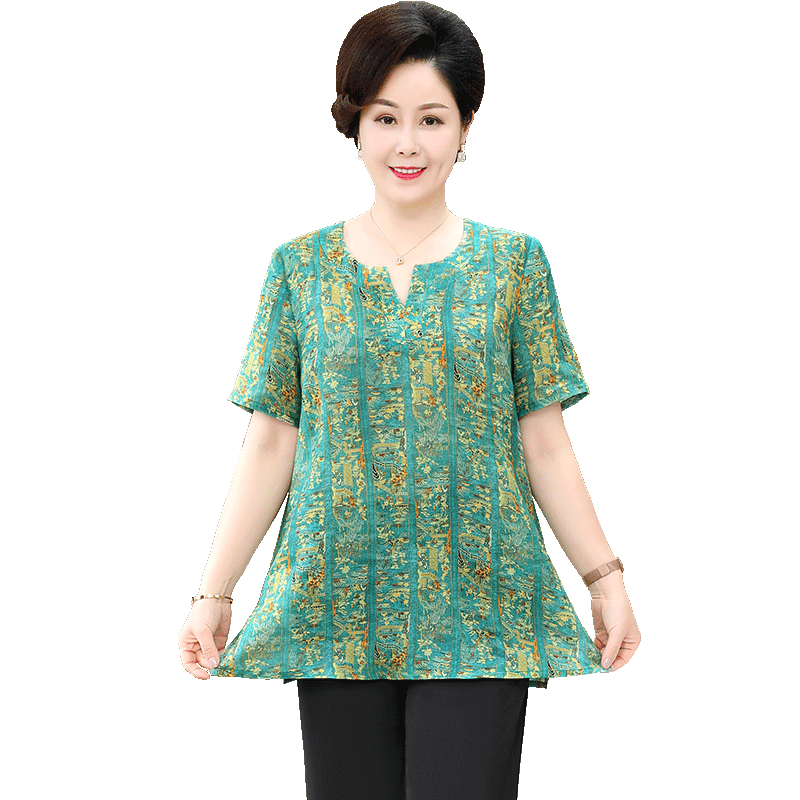 夏季妈妈苎麻小衫中老年套装