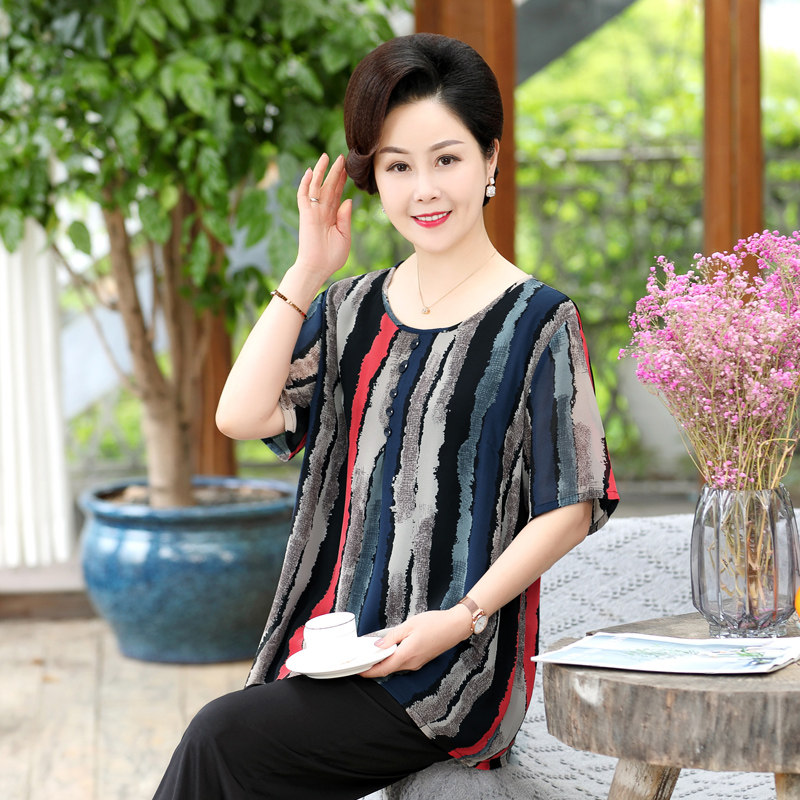 清仓特大码T恤中老年加肥胖妈妈夏女装雪纺短袖透气条纹小衫上衣