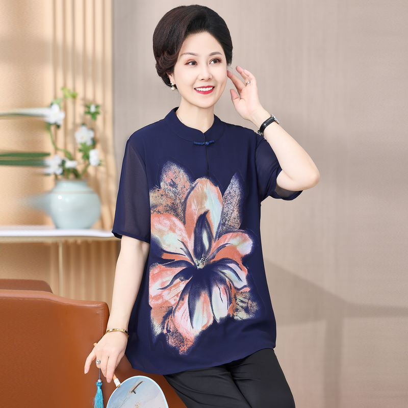 中老年特大码女装雪纺胖妈妈新中式短袖加肥国风T恤衫上衣200斤夏