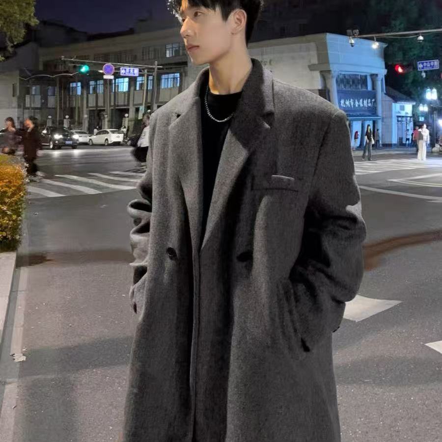 中长款青少年双排扣加厚灰色呢子