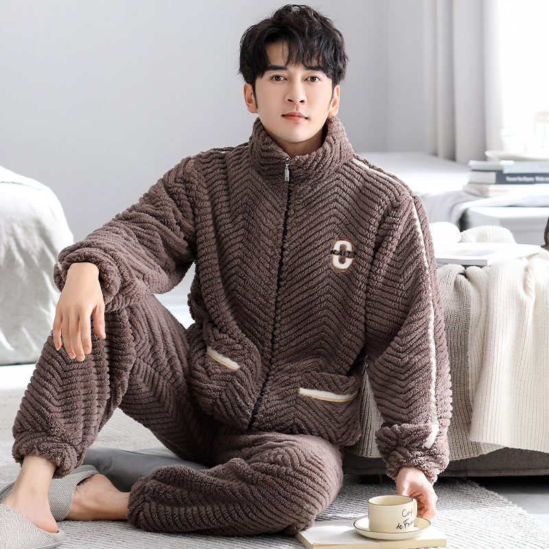 男士抗静电长毛绒加厚家居服套装
