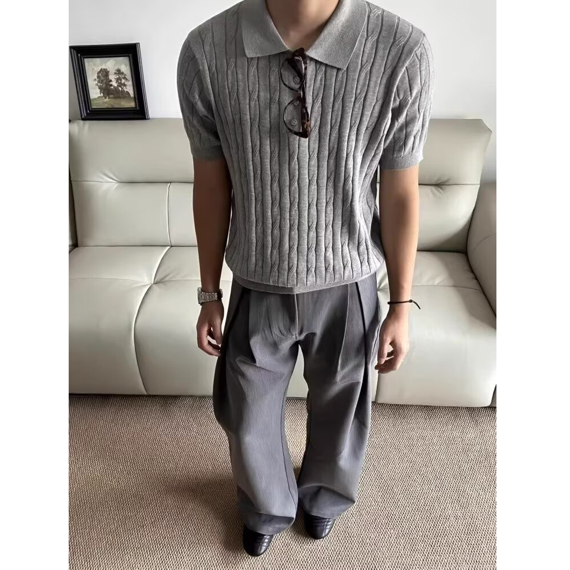 灰色老钱风短袖polo衫男夏季短款针织麻花t恤冰丝正肩修身半截袖