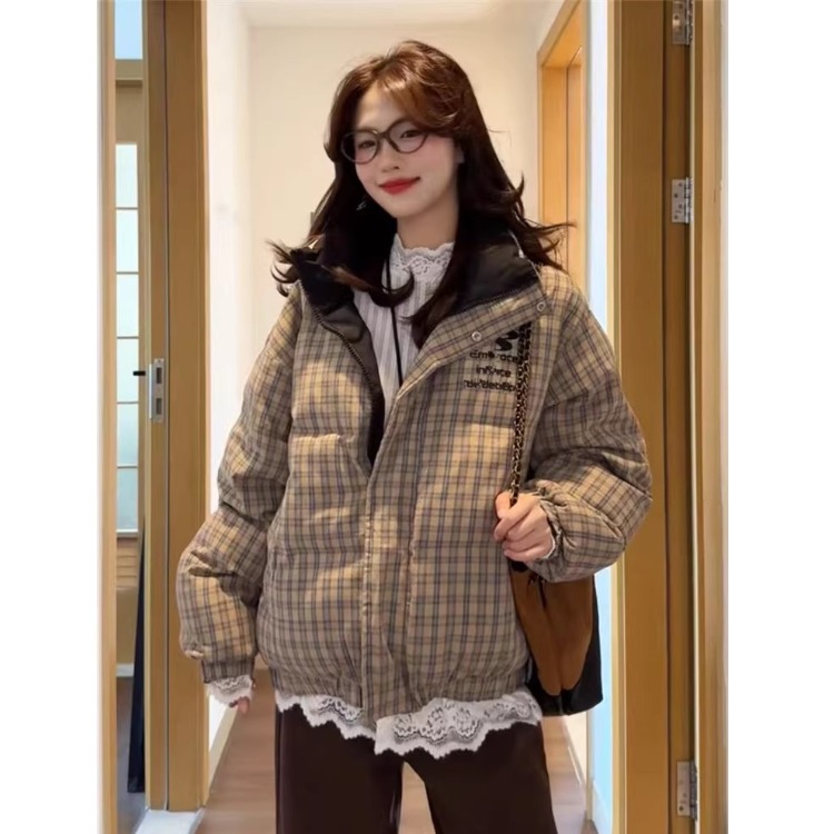 双面穿格子棉服外套女2025冬季新款宽松加厚小个子面包服棉衣棉袄