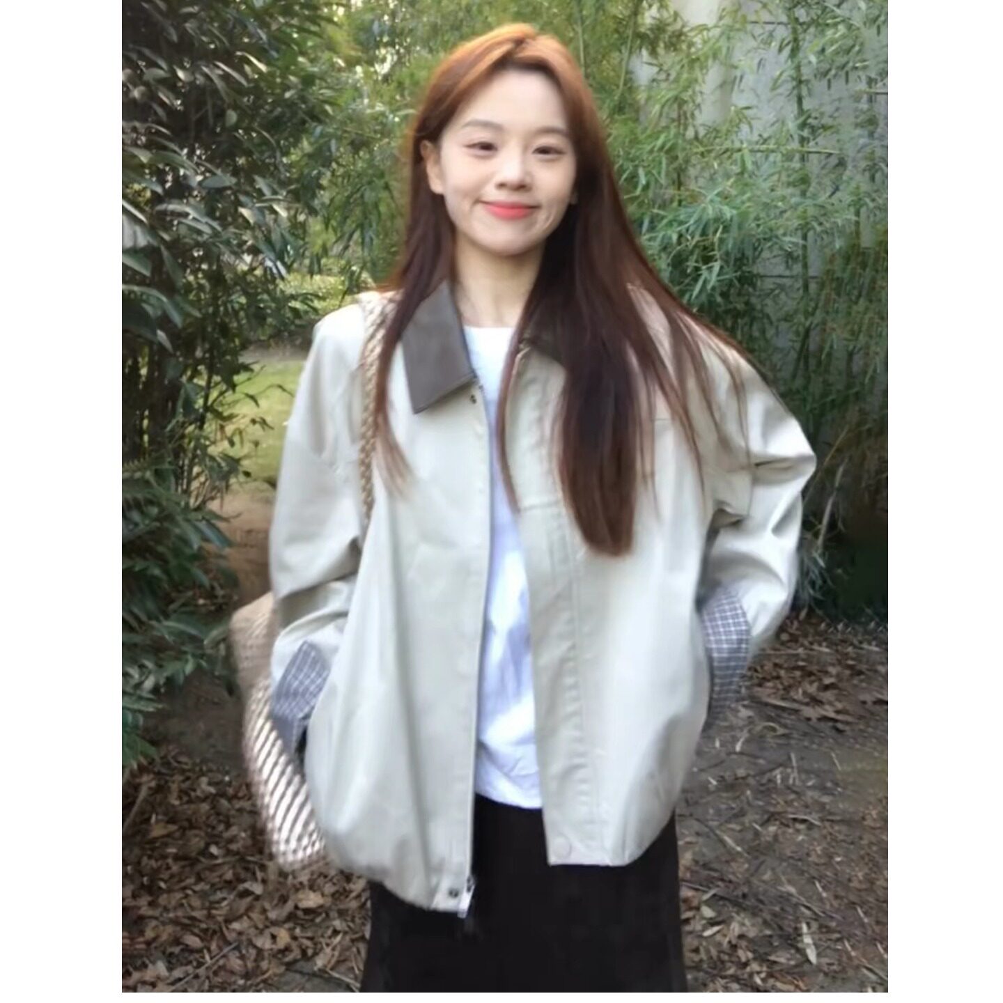 韩系春秋拼色翻领工装短夹克女