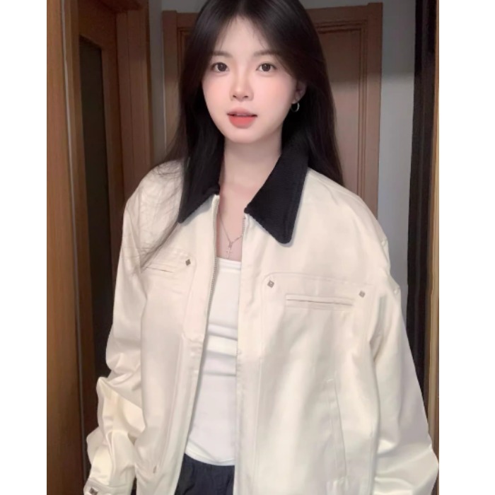 复古休闲风翻领夹克外套女2025秋季新款宽松情侣工装拼色上衣潮