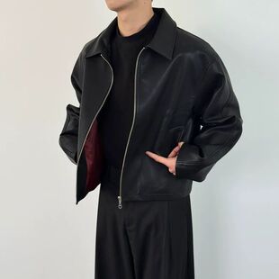 美式复古安可拉红内里皮衣外套男秋季高级感廓形短款pu机车皮夹克