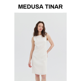 极简大气醋酸裙2026知性优雅一字肩裙度假无袖礼服收腰连衣裙新