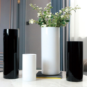 简约黑白色直筒圆口玻璃花瓶落地水培插花花瓶酒店样板房装 饰摆件