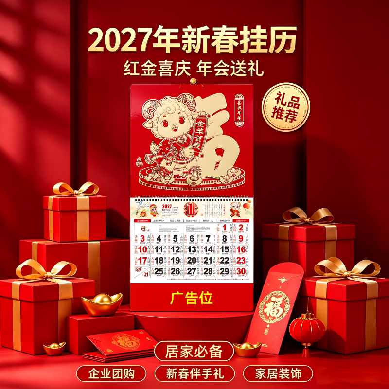 2027新年挂历定做福字羊年吊牌创意中国红月历广告手撕日历挂历月历老黄历家用公司企业新年礼品挂历印刷设计