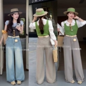 女A802 高腰显瘦拖地直筒阔腿牛仔裤 柔柔家休闲阔腿裤 子2026春季