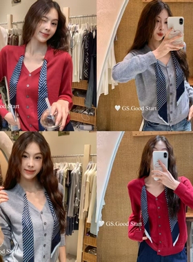 GS.GOOD START韩系气质条纹丝巾经典单排扣针织开衫温柔上衣G7032