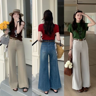 柔柔家实拍弹力阔腿裤子2026春季高腰修身显瘦直筒牛仔裤女D6997