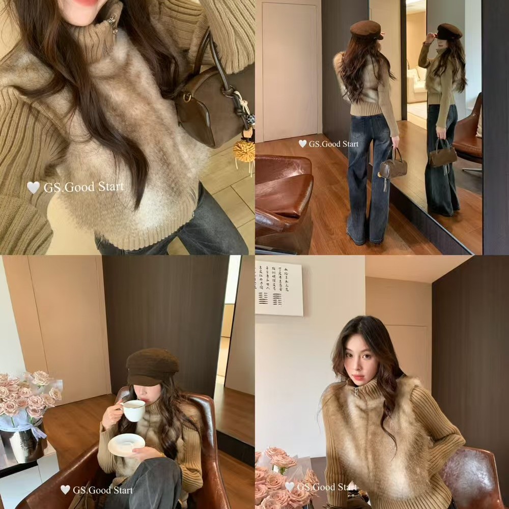 复古休闲仿貂毛拼接针织短外套