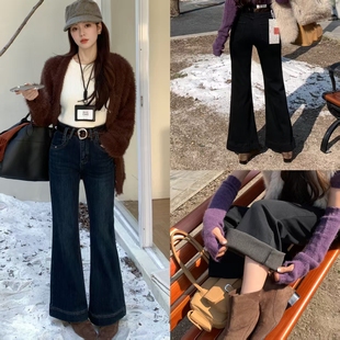 柔柔家小个子加绒加厚微喇裤女冬高腰弹力显瘦植绒喇叭裤子6978完