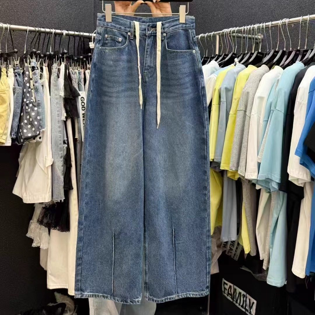 正版财神家实拍高货2025夏新款美式高腰抽绳阔腿显瘦牛仔裤L8122,女装/女士精品,牛仔裤,淘宝优惠券,粉丝福利购,淘宝优惠卷