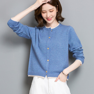 恒源祥羊毛衫针织开衫女短款春秋新款小个子洋气百搭纽扣毛衣外套