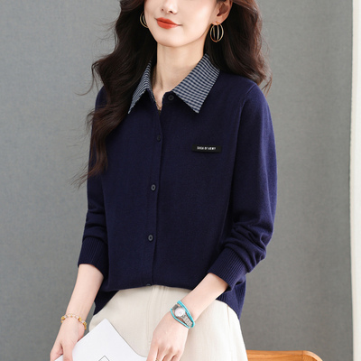 恒源祥羊毛翻领拼色短款宽松开衫