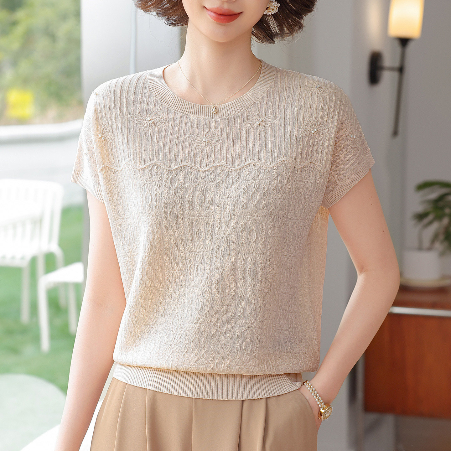 恒源祥桑蚕丝短袖针织衫女夏季薄款圆领妈妈蝴蝶提花宽松冰丝T恤