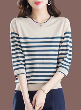 恒源祥桑蚕丝针织中袖t恤女夏季新款妈妈条纹百搭薄款七分袖上衣
