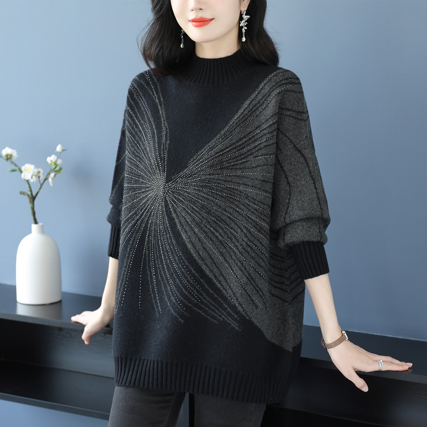 恒源祥半高领羊毛衫女宽松中长款