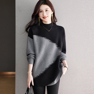 恒源祥撞色拼接羊毛衫女中长款秋冬新款宽松慵懒风加厚毛衣打底衫