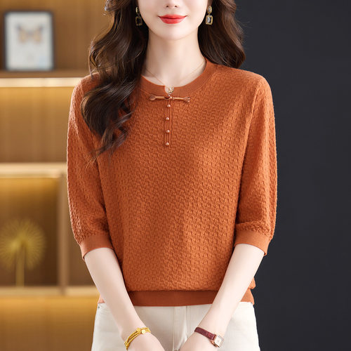 恒源祥妈妈装羊毛盘扣薄款T恤