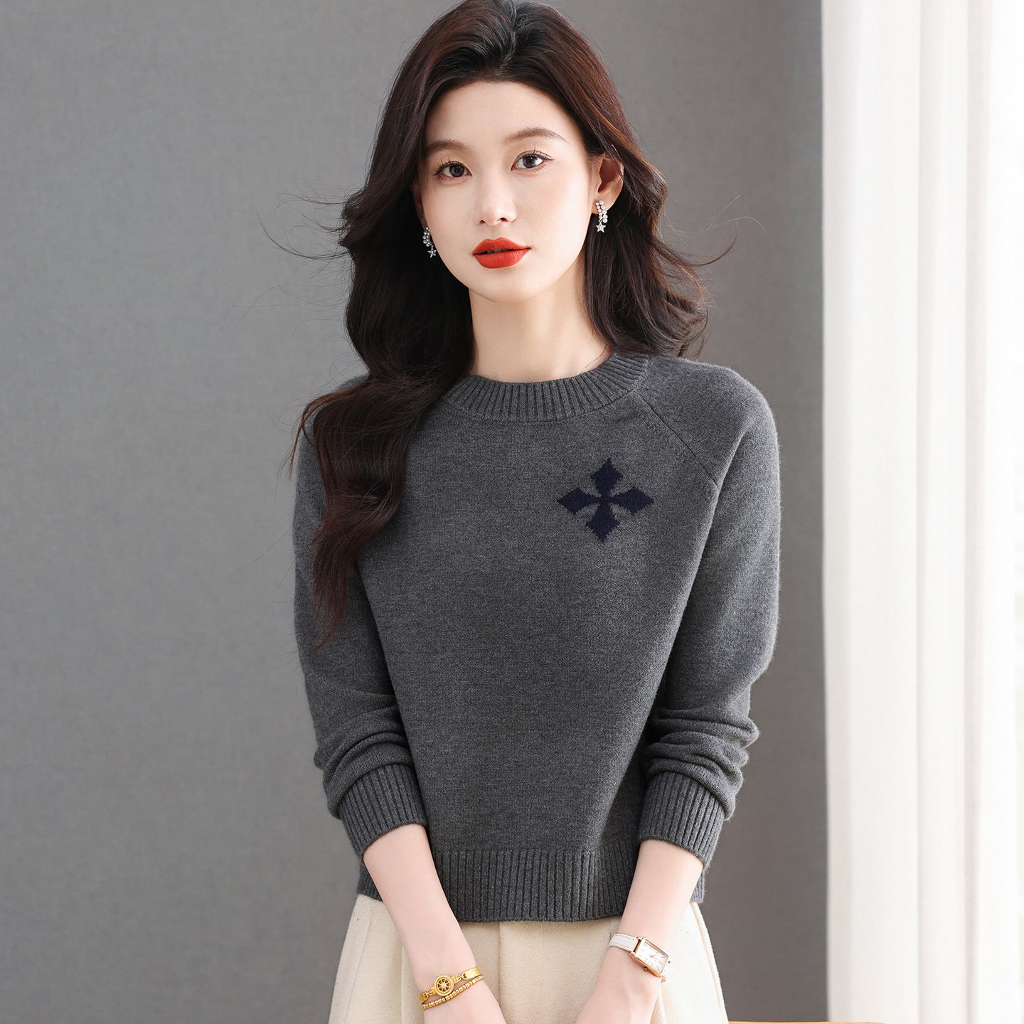 恒源祥圆领羊毛衫女2025冬季新款宽松针织衫提花小个子超短款毛衣,女装/女士精品,毛衣,淘宝优惠券,粉丝福利购,淘宝优惠卷