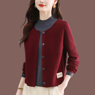 高端羊绒衫针织假两件上衣女秋冬新款拼接宽松半高领加厚套头毛衣