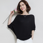 夏季 t恤宽松短款 薄款 2025年一字肩上衣女装 冰丝针织衫 中袖 蝙蝠衫