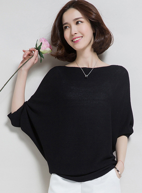 2025年一字肩上衣女装夏季薄款冰丝针织衫中袖t恤宽松短款蝙蝠衫
