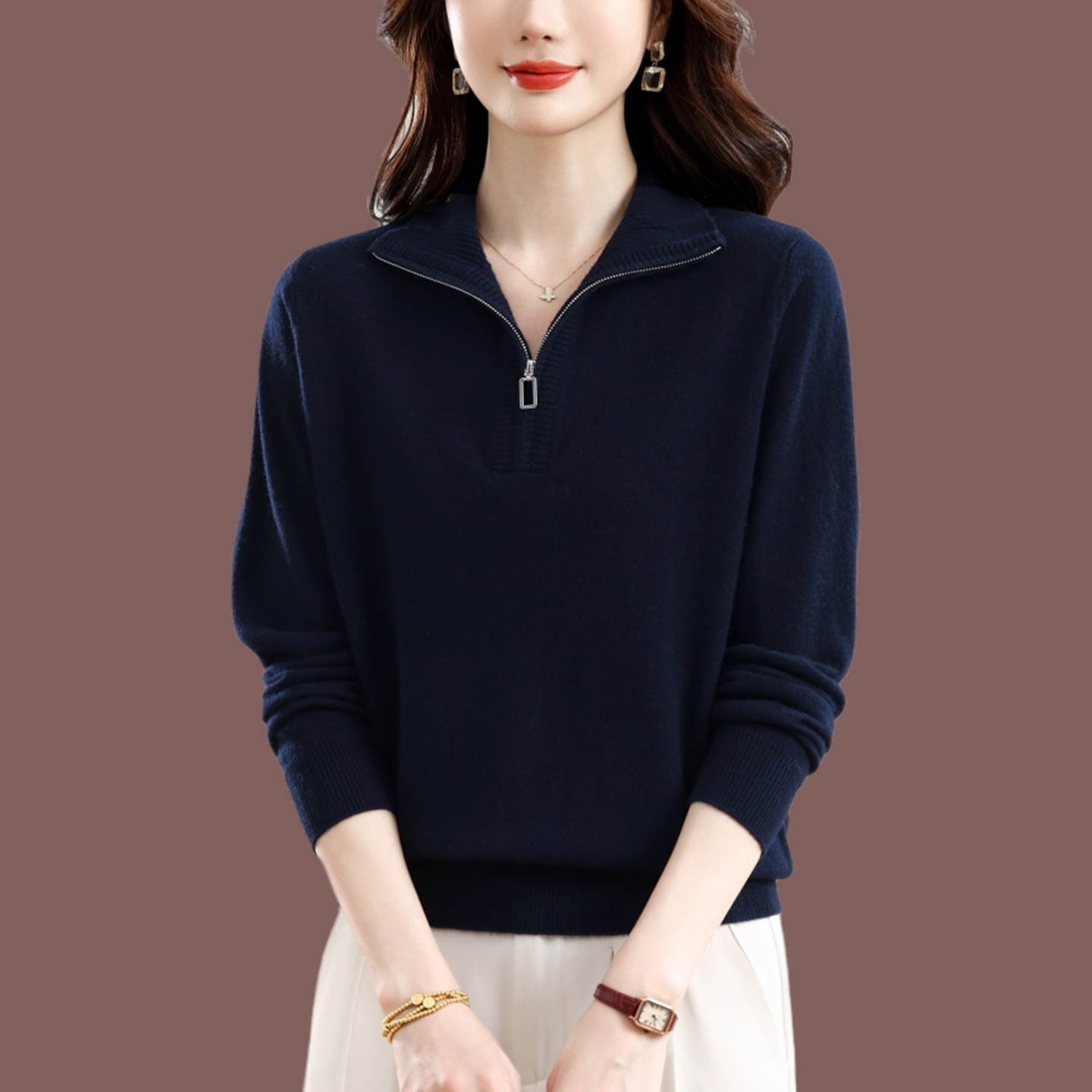 恒源祥100羊毛衫女翻领毛衣