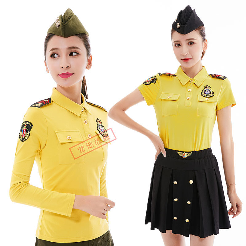 夏季新款短袖T恤女黄色翻领半袖长袖水兵舞演出服舞蹈服上衣POLO