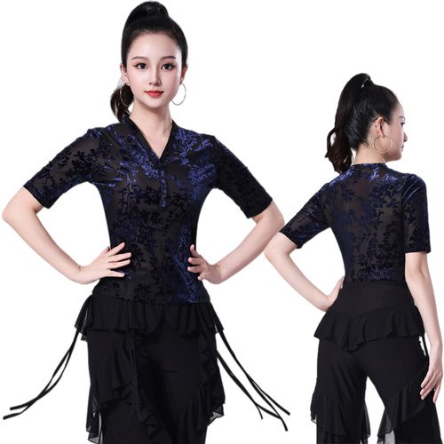 拉丁舞中袖上衣摩登舞演出服广场舞舞蹈服交谊舞跳舞服三步踩V领