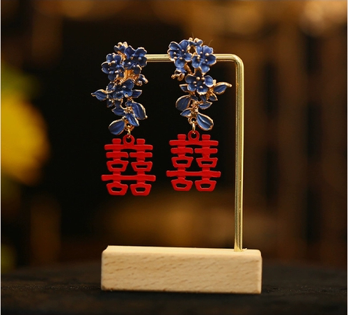 可爱新娘新款中式手工红双喜耳环