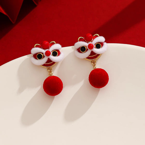 设计感毛绒绒醒狮耳环国风新中式适合过年戴耳钉红色喜庆新年耳坠