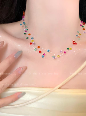 彩色多巴胺串珠项链女春时尚个性显脸小耳钉小众设计高级感锁骨链