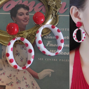 【椭圆波点】港风复古时髦红色圆圈耳夹气质80年代港风耳钉耳饰