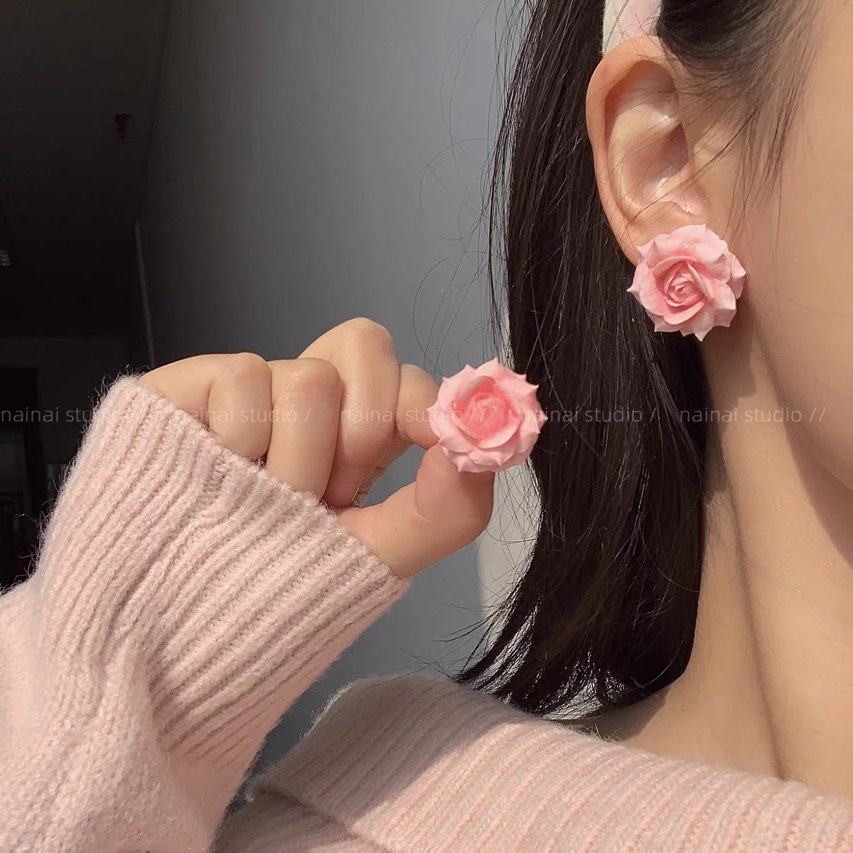 春色悸动~韩版春夏温柔彩色渐变玫瑰花树脂耳钉清新氛围花瓣耳环