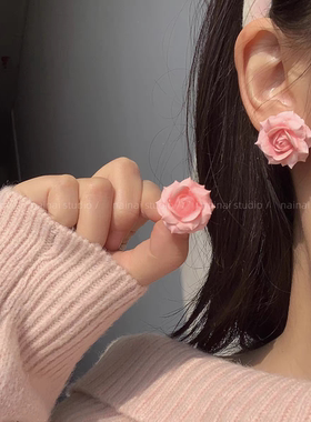 春色悸动~韩版春夏温柔彩色渐变玫瑰花树脂耳钉清新氛围花瓣耳环
