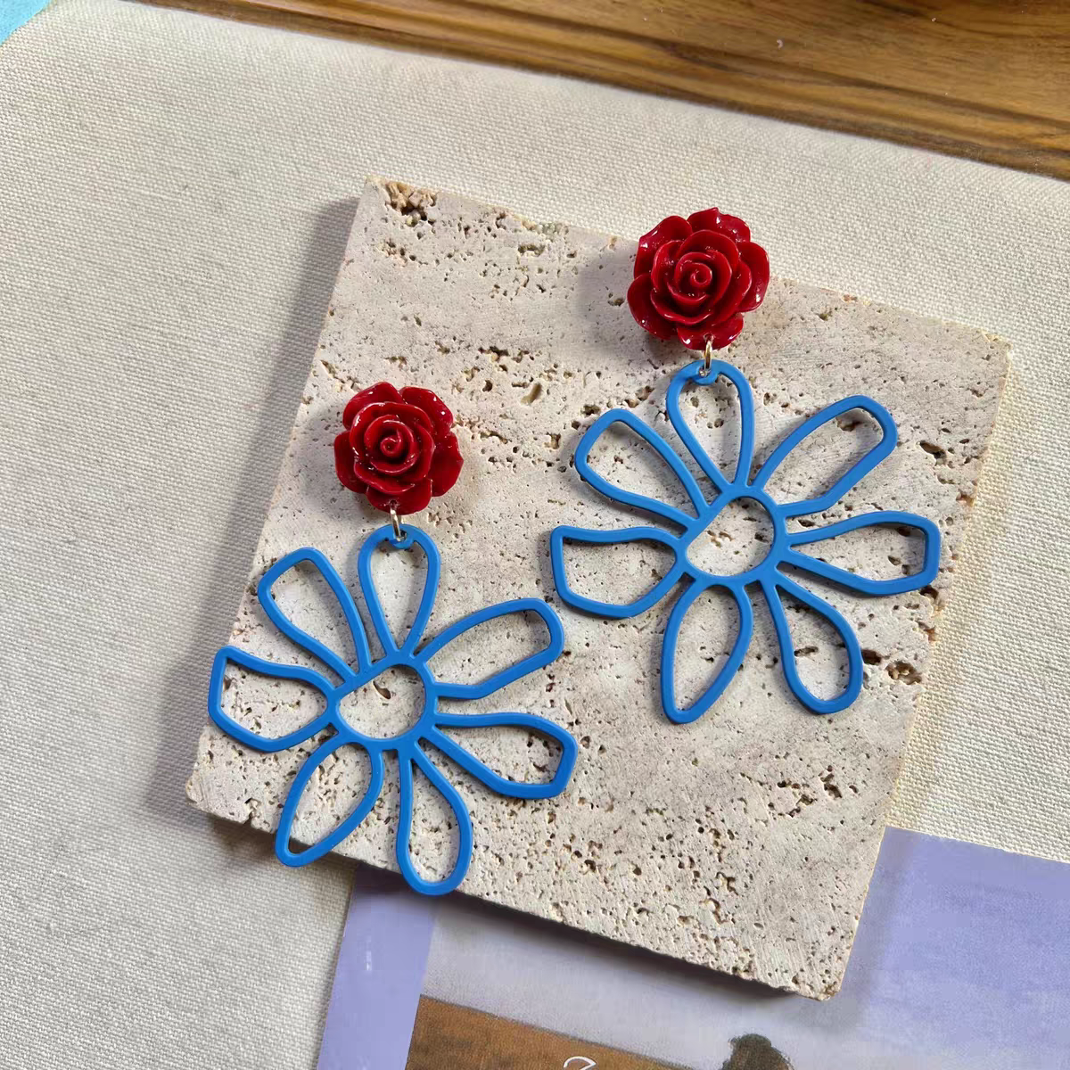 红蓝撞色！热情玫瑰气质花朵耳环！度假风耳夹民族风气质耳饰拎环,饰品/流行首饰/时尚饰品新,耳环,淘宝优惠券,粉丝福利购,淘宝优惠卷