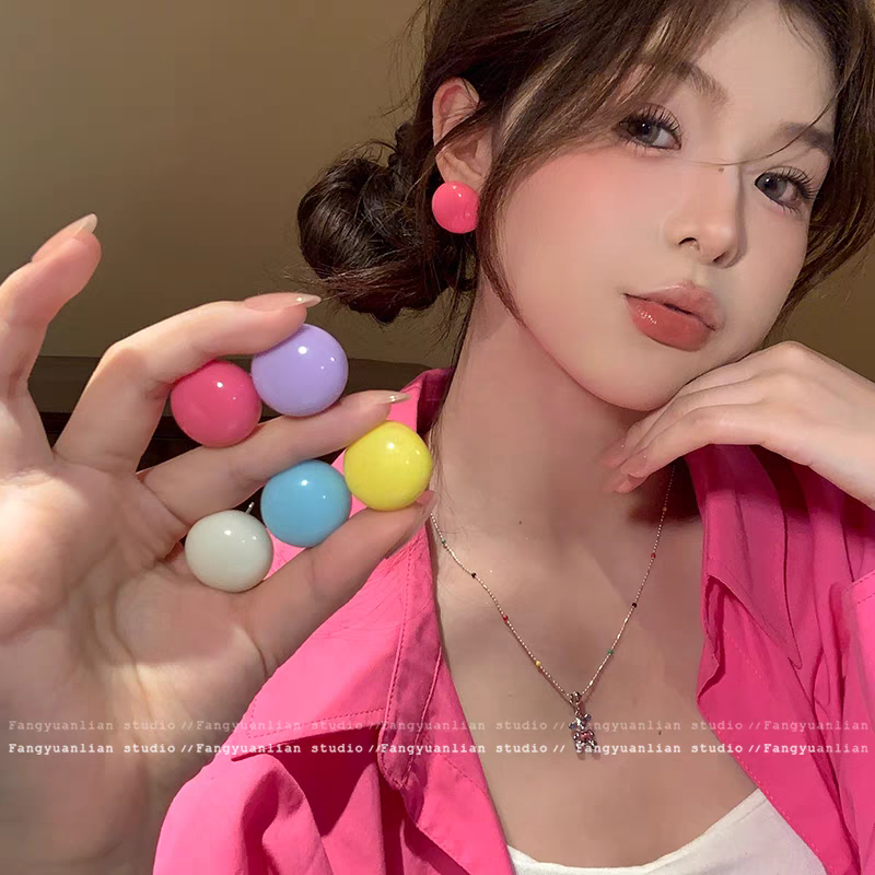扁圆糖果色圆球耳钉女2025新款高级感耳环甜美可爱耳饰耳夹无耳洞
