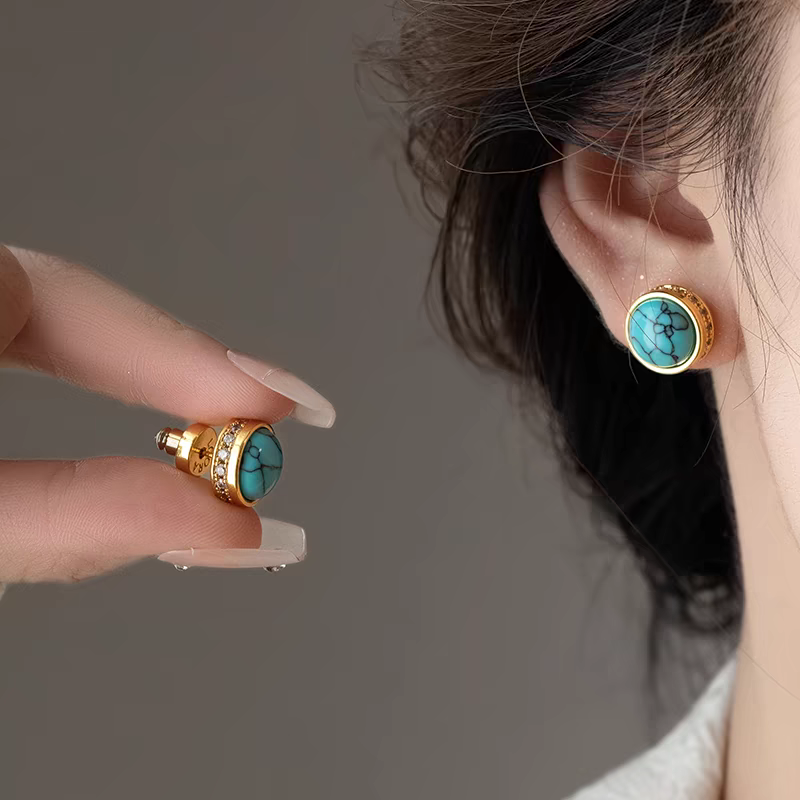 新中式复古绿松石款气质耳钉高级感小众设计轻奢爆款独特耳环耳饰